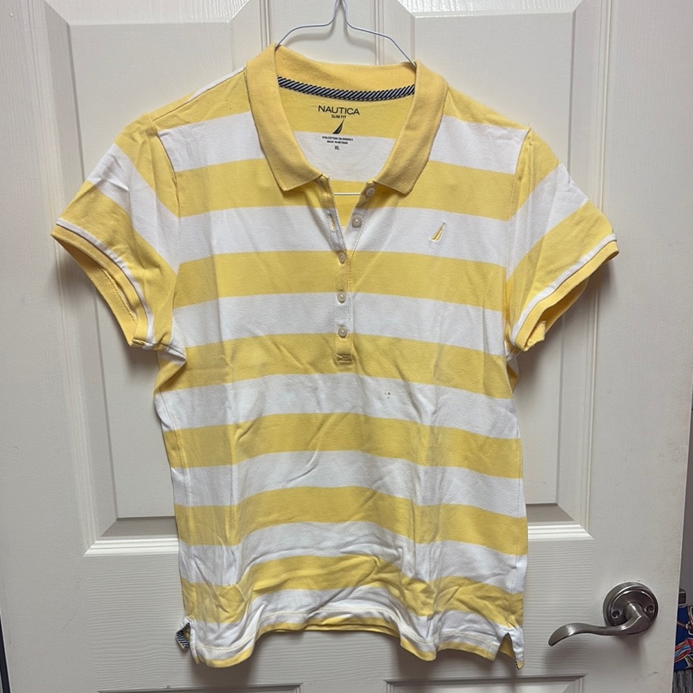 Nautica Yellow and White Striped Polo
